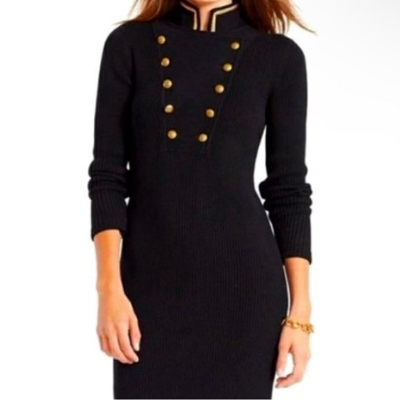 Lauren Ralph Lauren Sweaters - Lauren Ralph Lauren Midi Black Knit Sweater Dress High Collar Gold Accents Sz M
